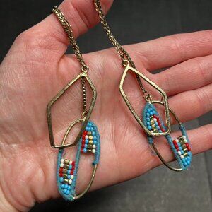 Embroidered Beaded Dangle Earrings Blue Gold Tone Long Statement Southwestern